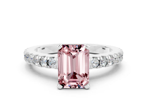 White gold Emerald Cut Solitaire Diamond with Pavé Band and Four-Prong Setting