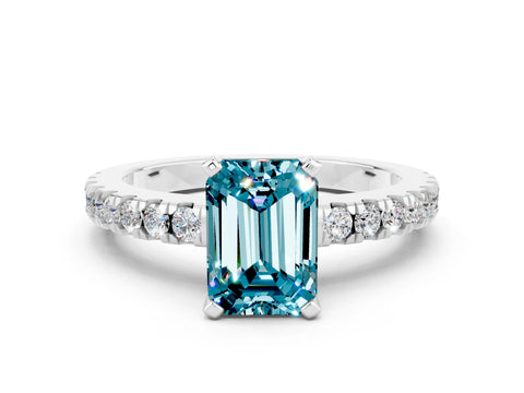 White gold Emerald Cut Solitaire Diamond with Pavé Band and Four-Prong Setting
