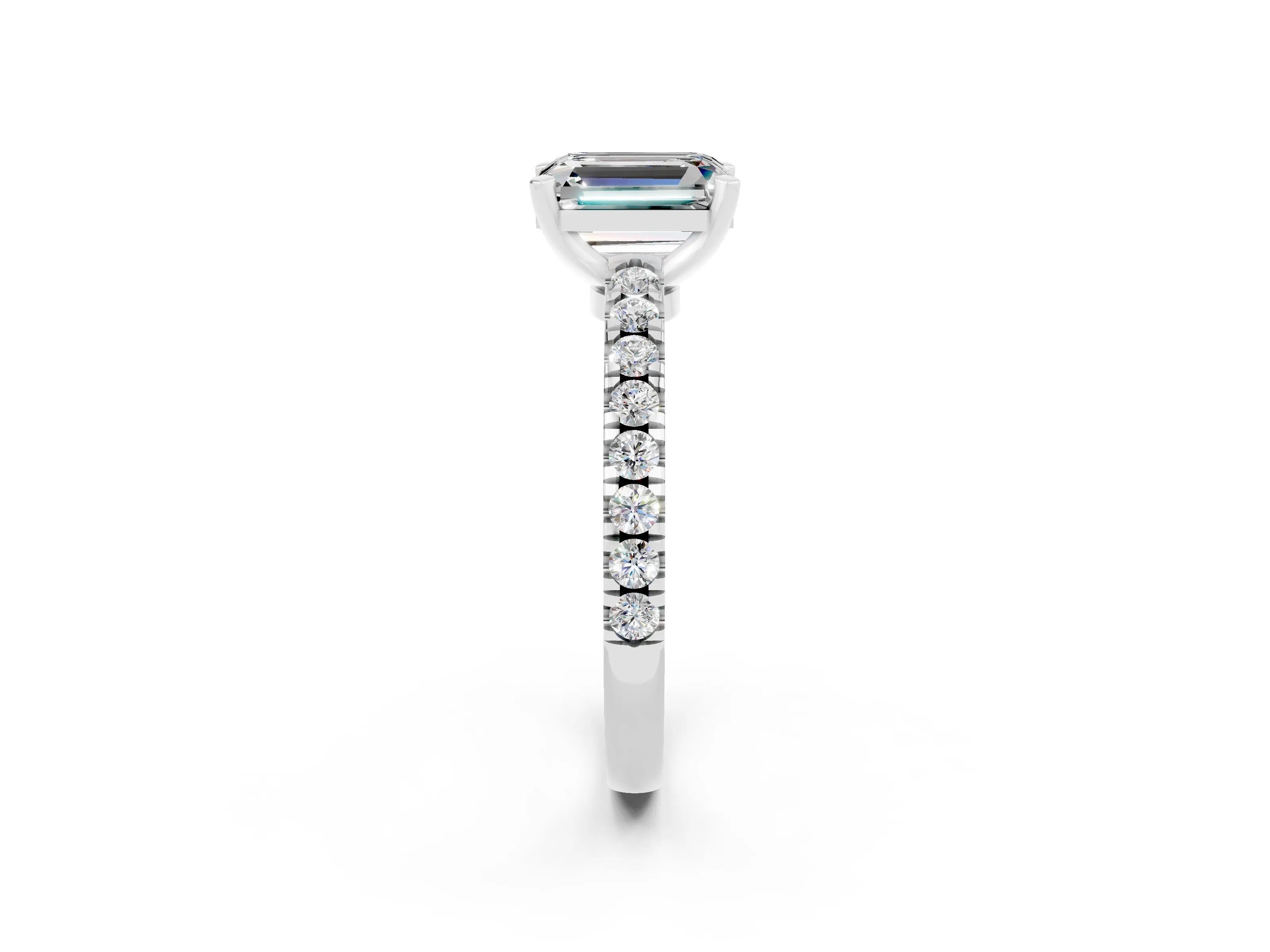 White gold Emerald Cut Solitaire Diamond with Pavé Band and Four-Prong Setting_2