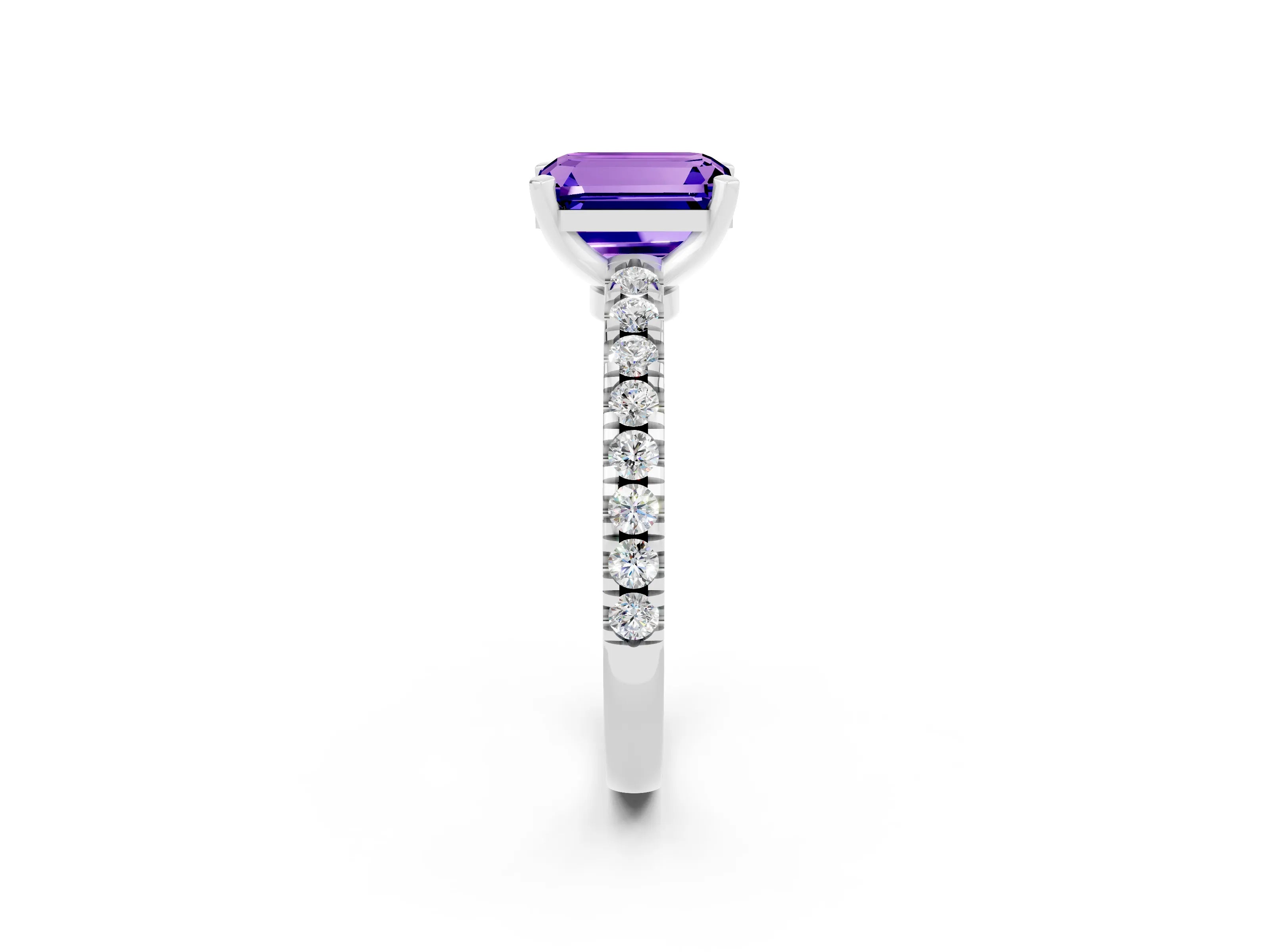 White gold Emerald Cut Solitaire Diamond with Pavé Band and Four-Prong Setting_2