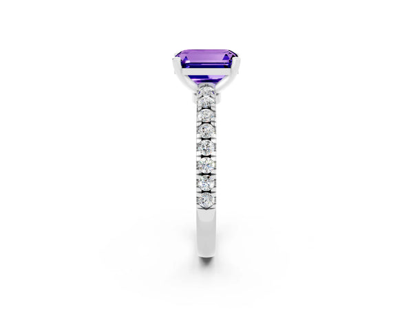 Silver Emerald Cut Solitaire Tanzanite with Pavé Band and Four-Prong Setting