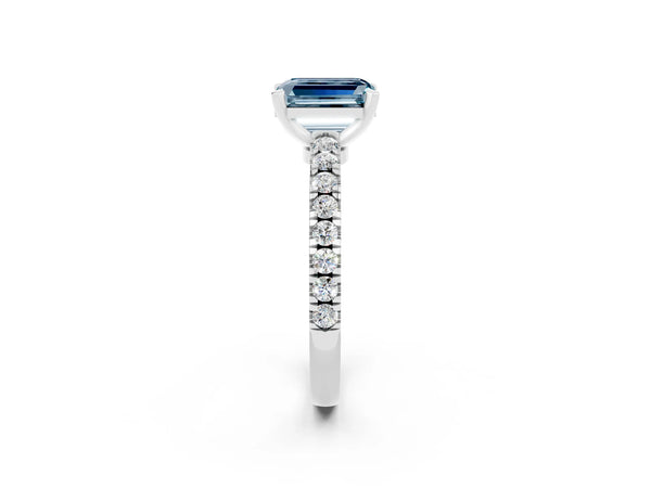 Platinum Emerald Cut Solitaire Aquamarine with Pavé Band and Four-Prong Setting