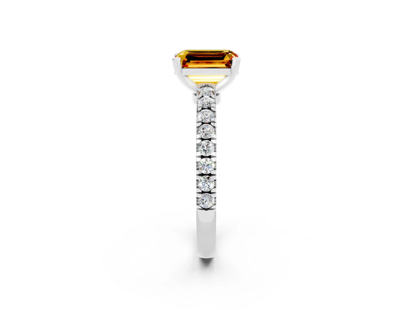 Platinum Emerald Cut Solitaire Citrine with Pavé Band and Four-Prong Setting
