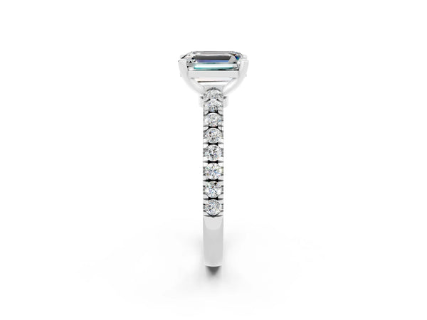 Platinum Emerald Cut Solitaire Moissanite with Pavé Band and Four-Prong Setting