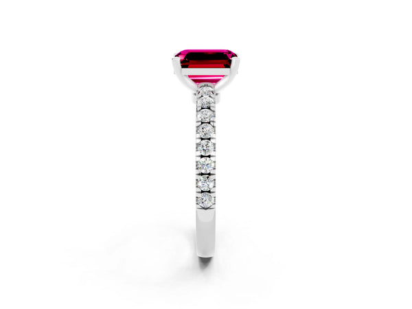 Platinum Emerald Cut Solitaire Garnet with Pavé Band and Four-Prong Setting