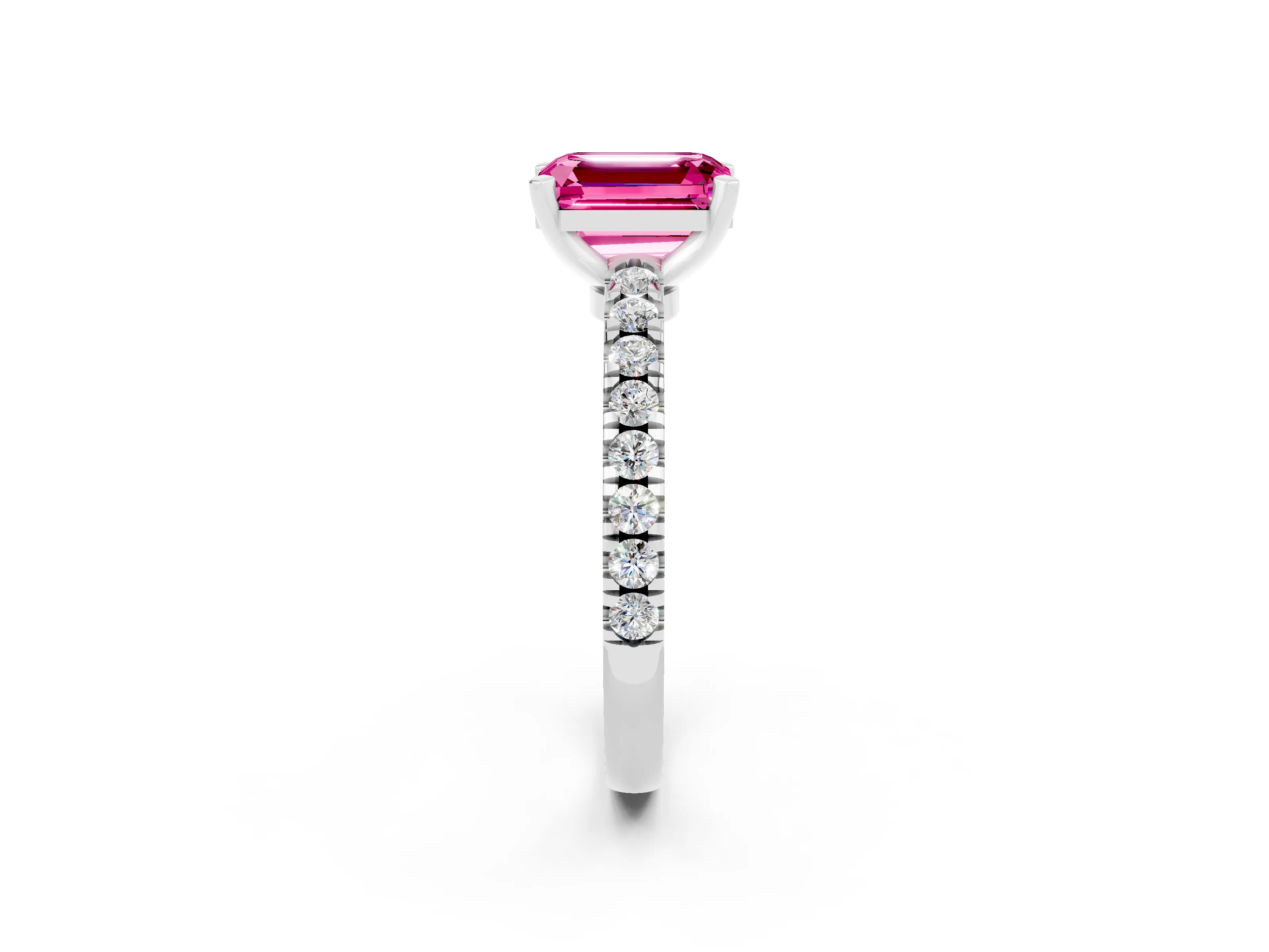 White gold Emerald Cut Solitaire Diamond with Pavé Band and Four-Prong Setting_2
