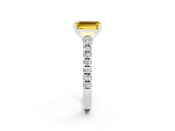 Silver Emerald Cut Solitaire Yellow Sapphire with Pavé Band and Four-Prong Setting
