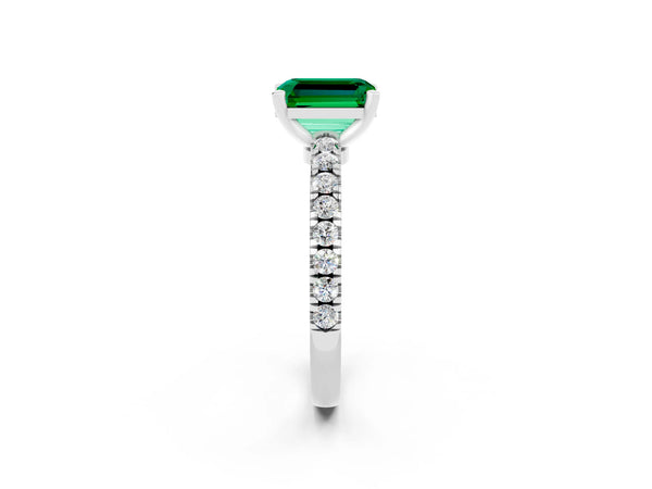 White gold Emerald Cut Solitaire Emerald with Pavé Band and Four-Prong Setting