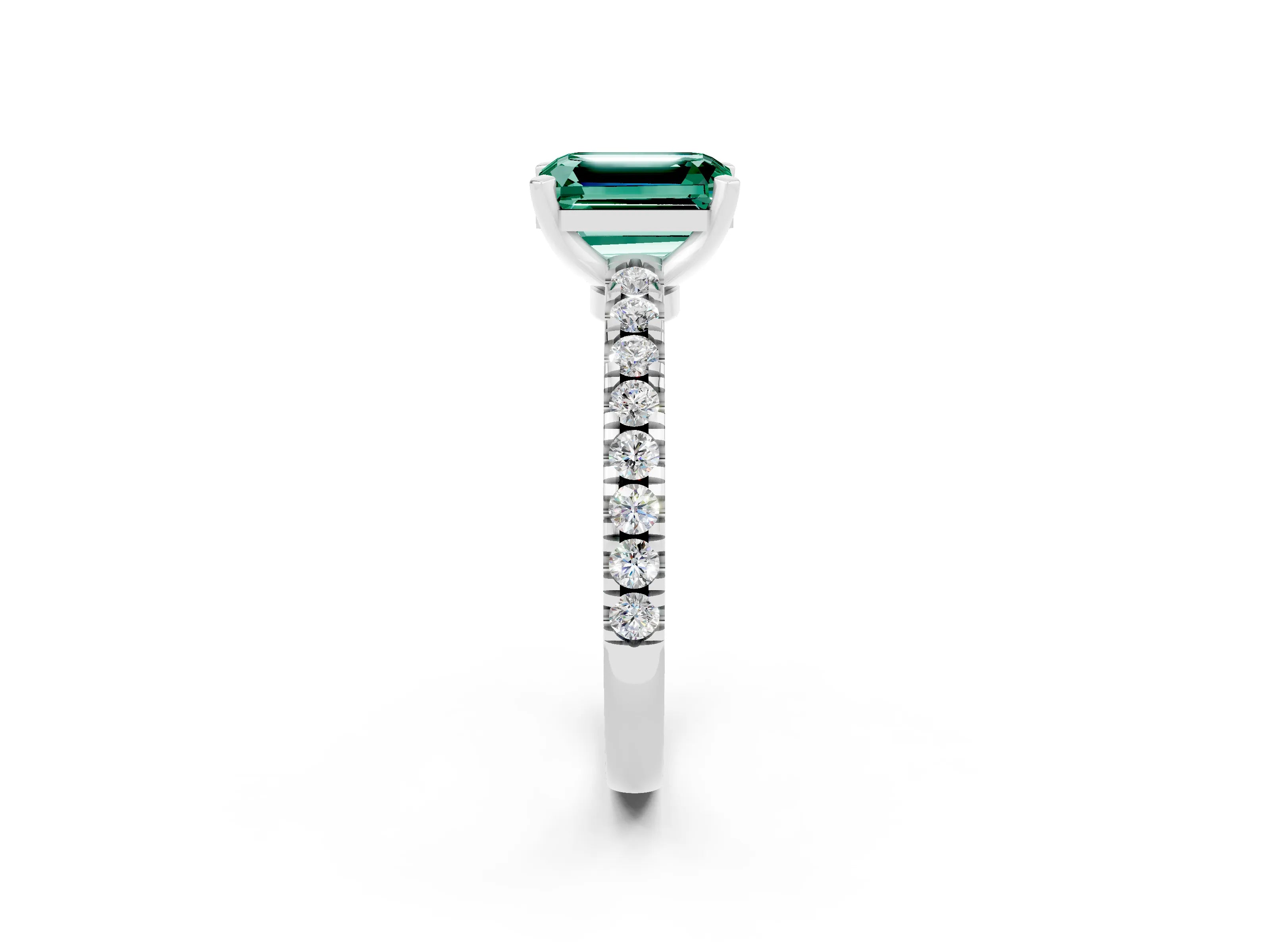White gold Emerald Cut Solitaire Diamond with Pavé Band and Four-Prong Setting_2
