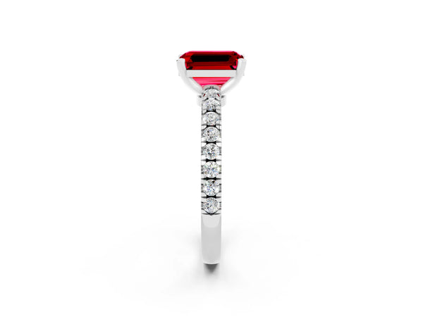 Platinum Emerald Cut Solitaire Ruby with Pavé Band and Four-Prong Setting