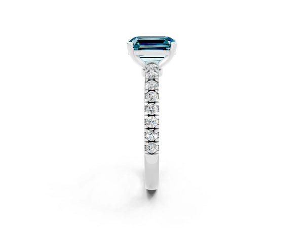 Silver Emerald Cut Solitaire Diamond with Pavé Band and Four-Prong Setting