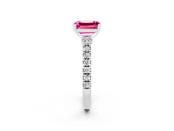 Silver Emerald Cut Solitaire Pink Sapphire with Pavé Band and Four-Prong Setting