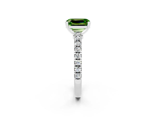 Silver Emerald Cut Solitaire Peridot with Pavé Band and Four-Prong Setting