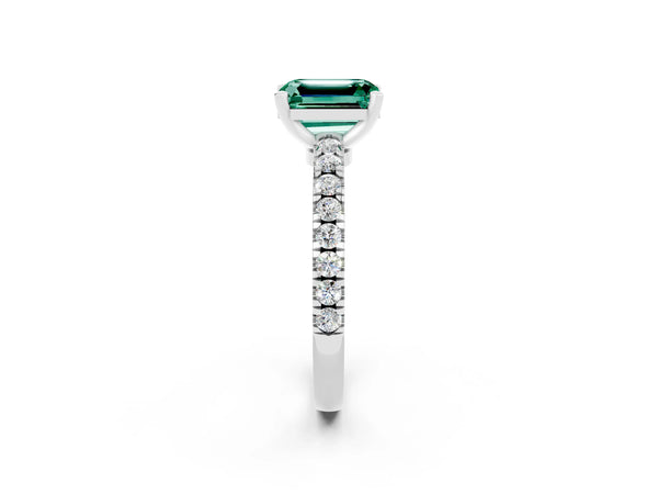 White gold Emerald Cut Solitaire Green Sapphire with Pavé Band and Four-Prong Setting