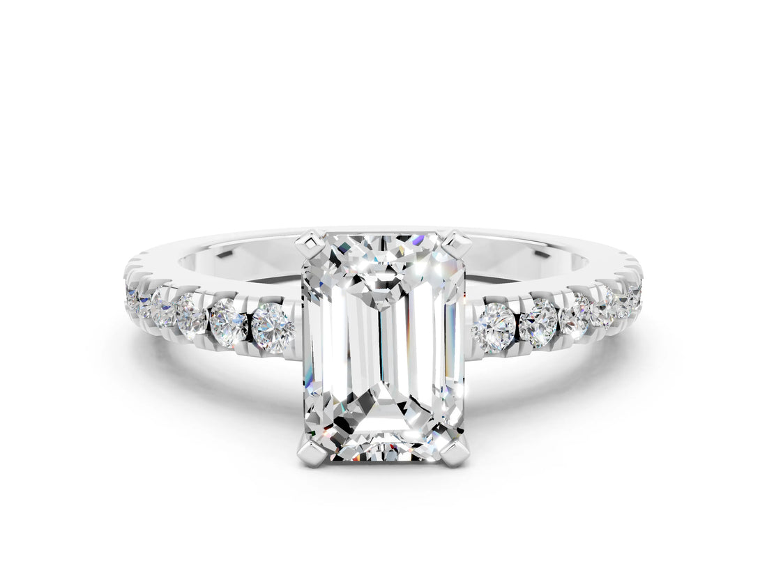 White gold Emerald Cut Solitaire Diamond with Pavé Band and Four-Prong Setting