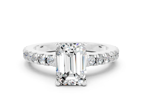 Platinum Emerald Cut Solitaire Moissanite with Pavé Band and Four-Prong Setting