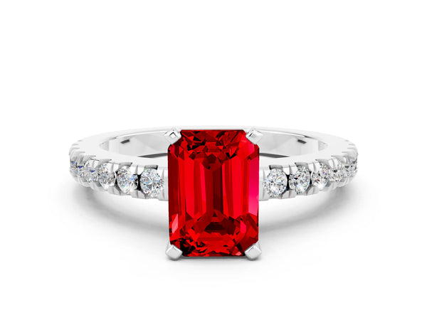 Platinum Emerald Cut Solitaire Ruby with Pavé Band and Four-Prong Setting