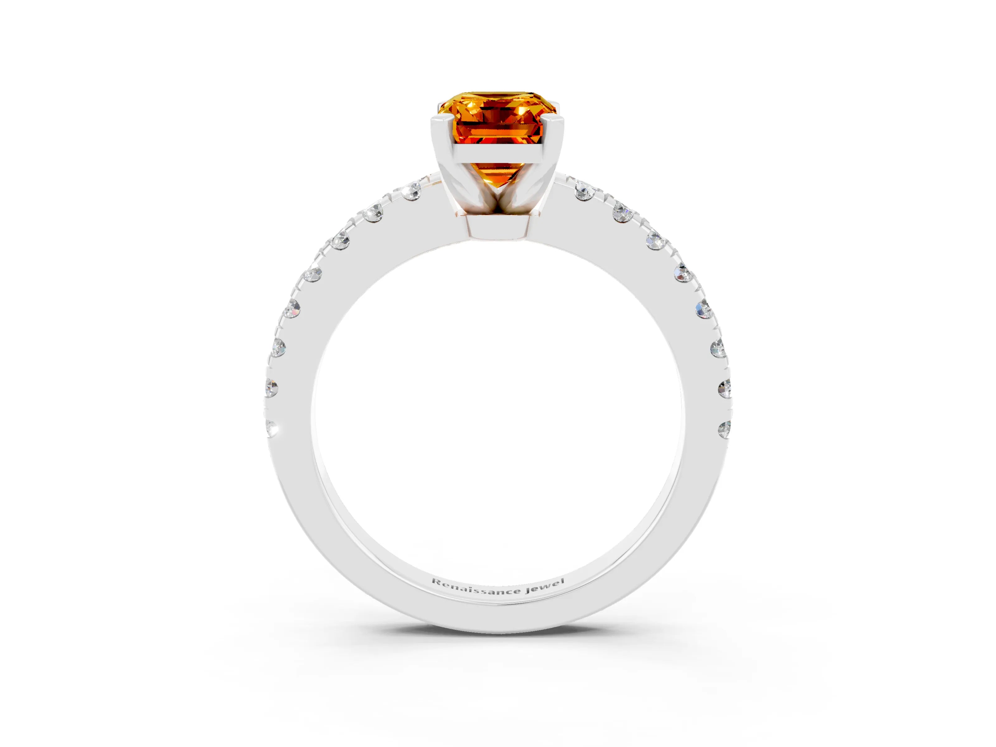 White gold Emerald Cut Solitaire Diamond with Pavé Band and Four-Prong Setting_3