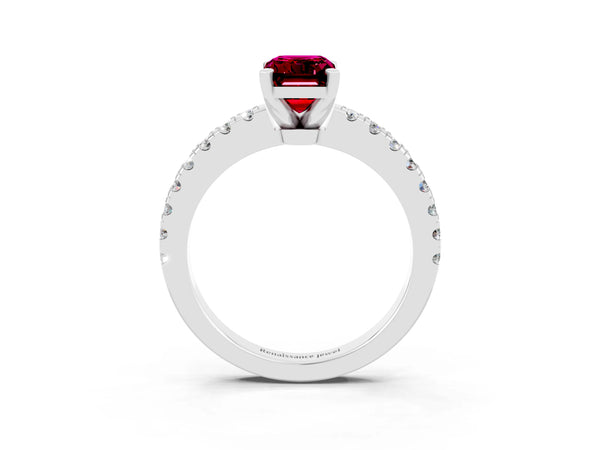 White gold Emerald Cut Solitaire Garnet with Pavé Band and Four-Prong Setting