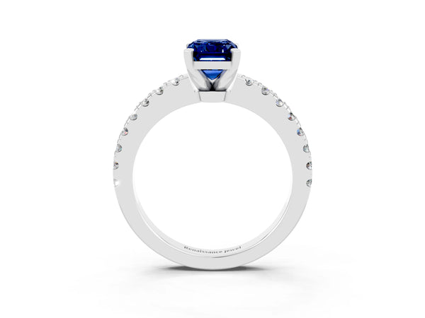 Platinum Emerald Cut Solitaire Blue Sapphire with Pavé Band and Four-Prong Setting