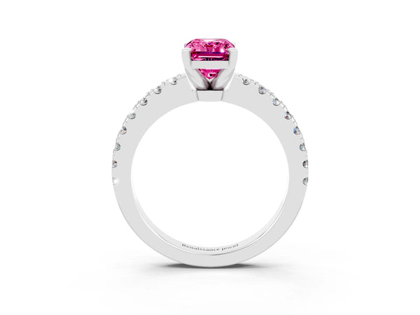 Platinum Emerald Cut Solitaire Pink Sapphire with Pavé Band and Four-Prong Setting
