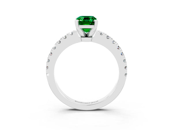 Silver Emerald Cut Solitaire Emerald with Pavé Band and Four-Prong Setting