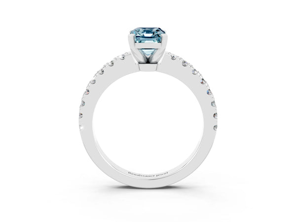 Silver Emerald Cut Solitaire Aquamarine with Pavé Band and Four-Prong Setting