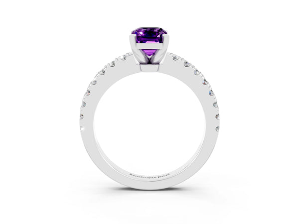Silver Emerald Cut Solitaire Amethyst with Pavé Band and Four-Prong Setting