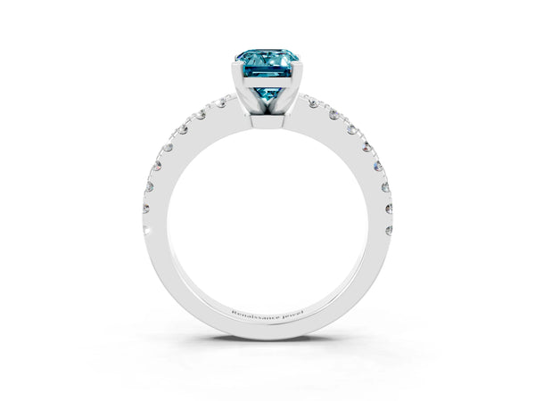 Silver Emerald Cut Solitaire Diamond with Pavé Band and Four-Prong Setting