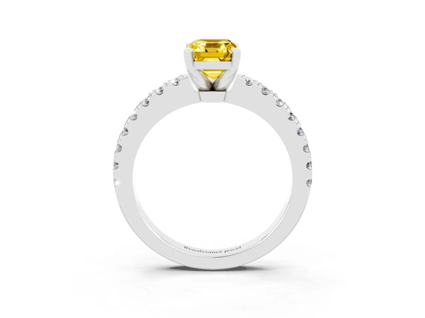 Silver Emerald Cut Solitaire Yellow Sapphire with Pavé Band and Four-Prong Setting