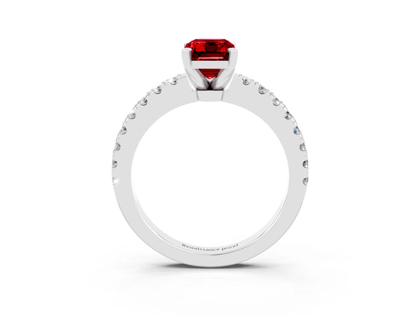 Platinum Emerald Cut Solitaire Ruby with Pavé Band and Four-Prong Setting