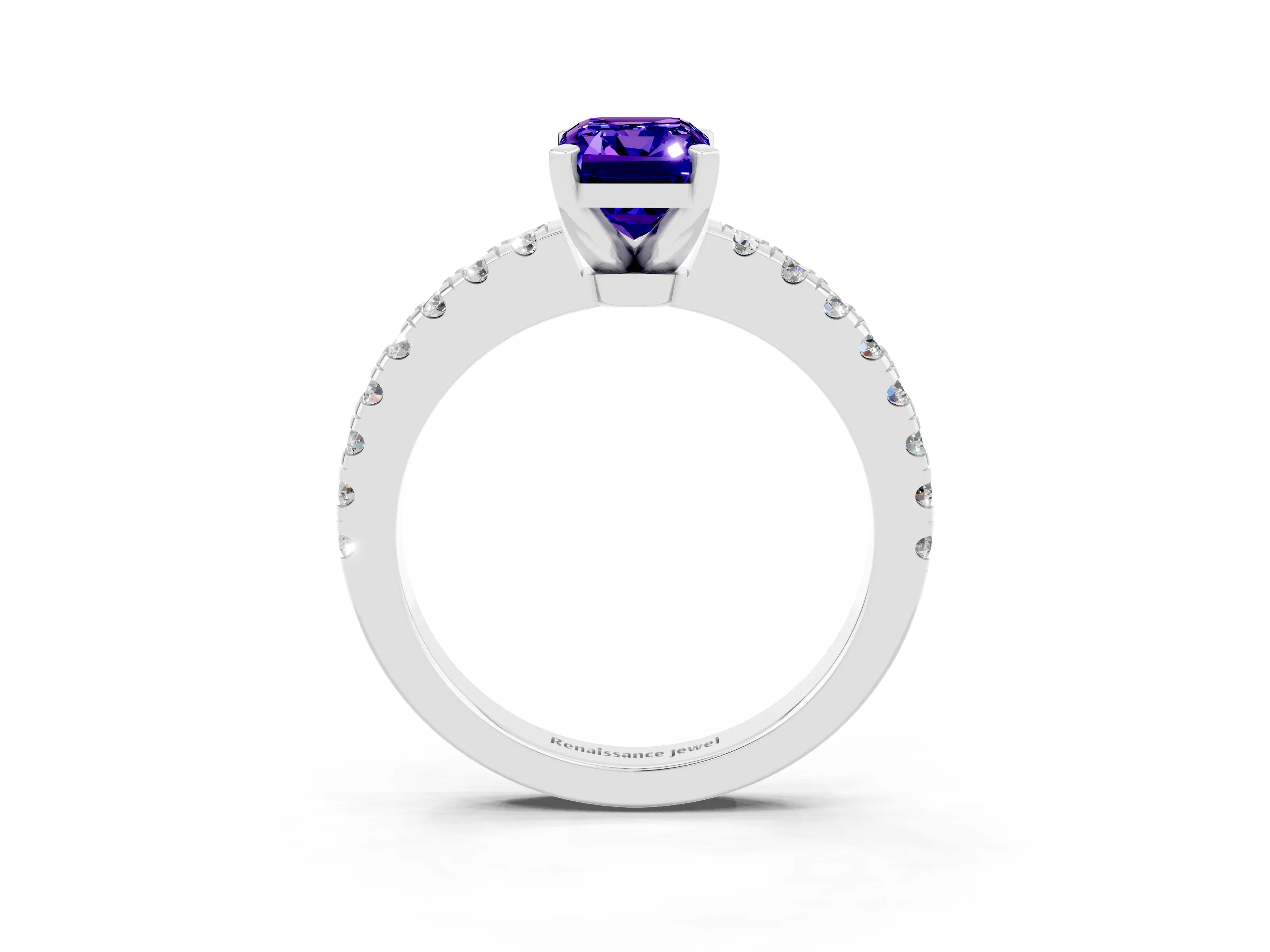 White gold Emerald Cut Solitaire Diamond with Pavé Band and Four-Prong Setting_3