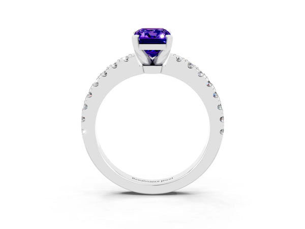 Platinum Emerald Cut Solitaire Tanzanite with Pavé Band and Four-Prong Setting