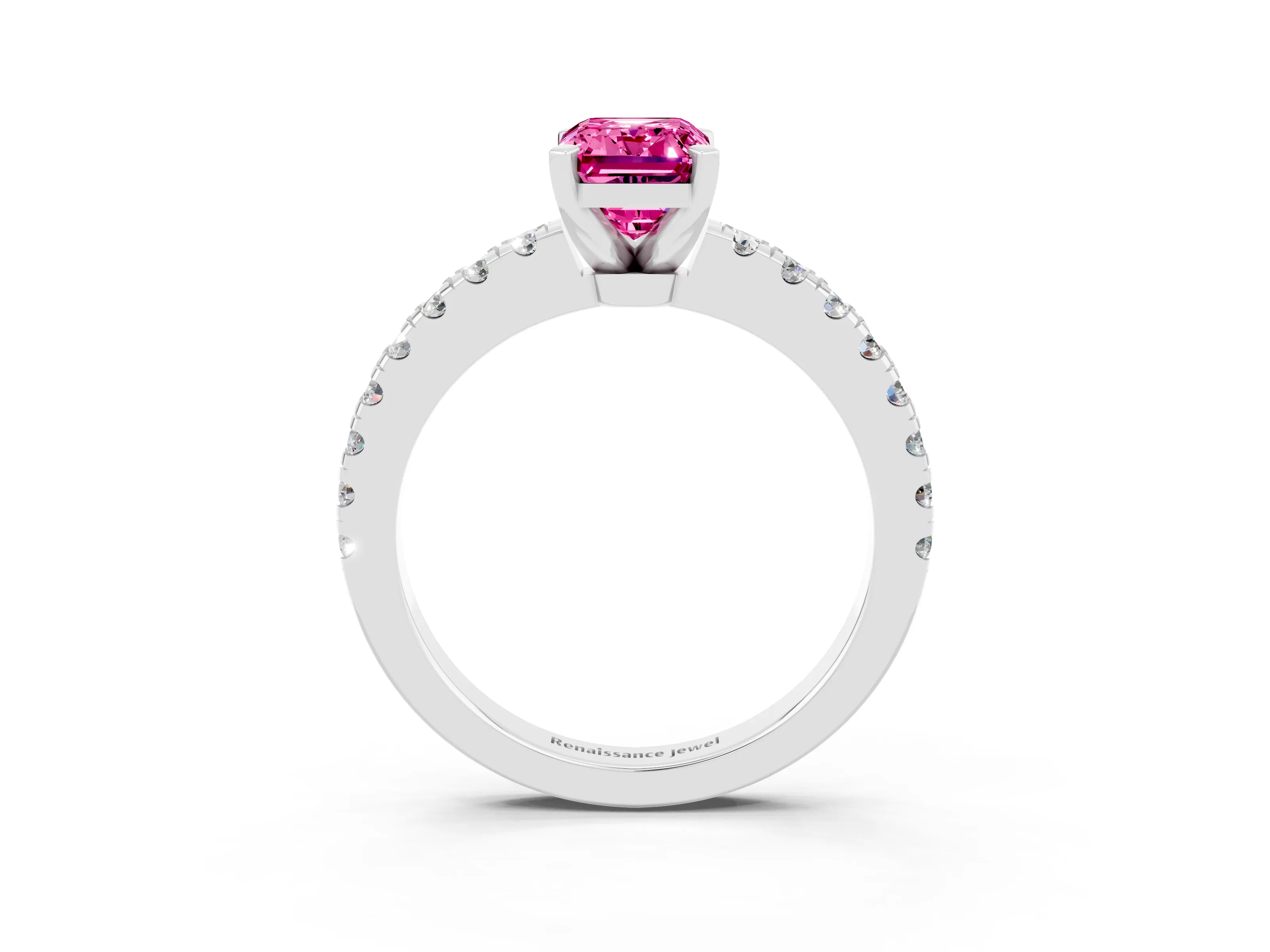 White gold Emerald Cut Solitaire Diamond with Pavé Band and Four-Prong Setting_3