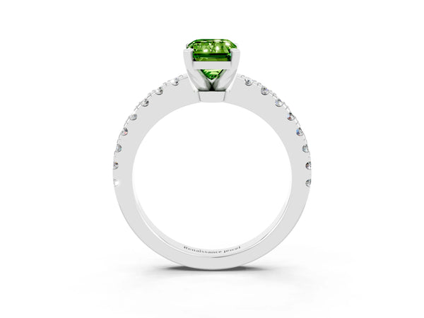 White gold Emerald Cut Solitaire Peridot with Pavé Band and Four-Prong Setting