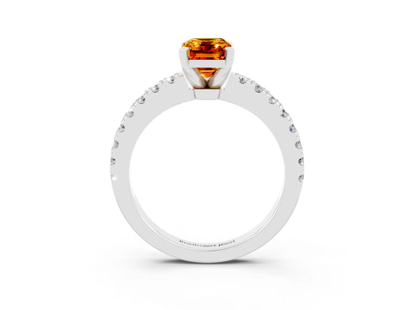 Silver Emerald Cut Solitaire Citrine with Pavé Band and Four-Prong Setting