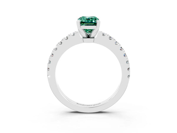 White gold Emerald Cut Solitaire Green Sapphire with Pavé Band and Four-Prong Setting