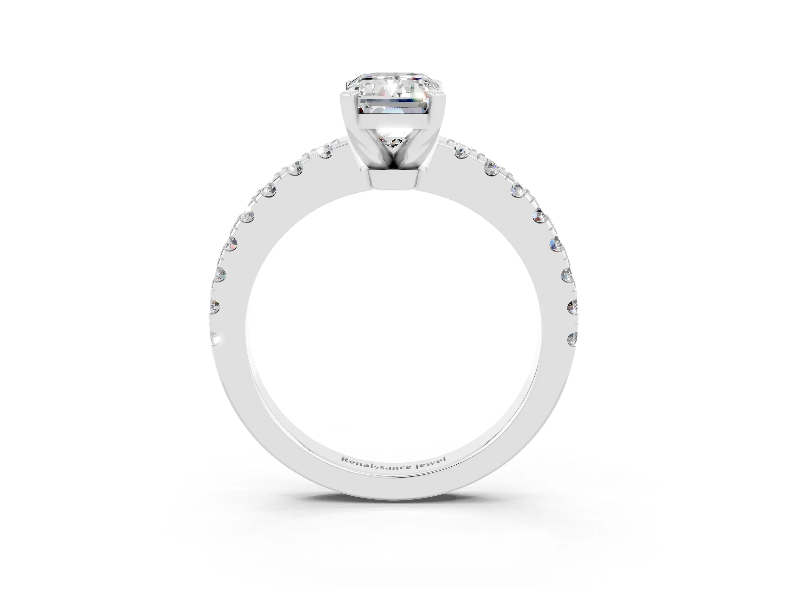 White gold Emerald Cut Solitaire Diamond with Pavé Band and Four-Prong Setting_3