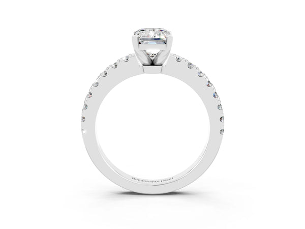 Silver Emerald Cut Solitaire Moissanite with Pavé Band and Four-Prong Setting