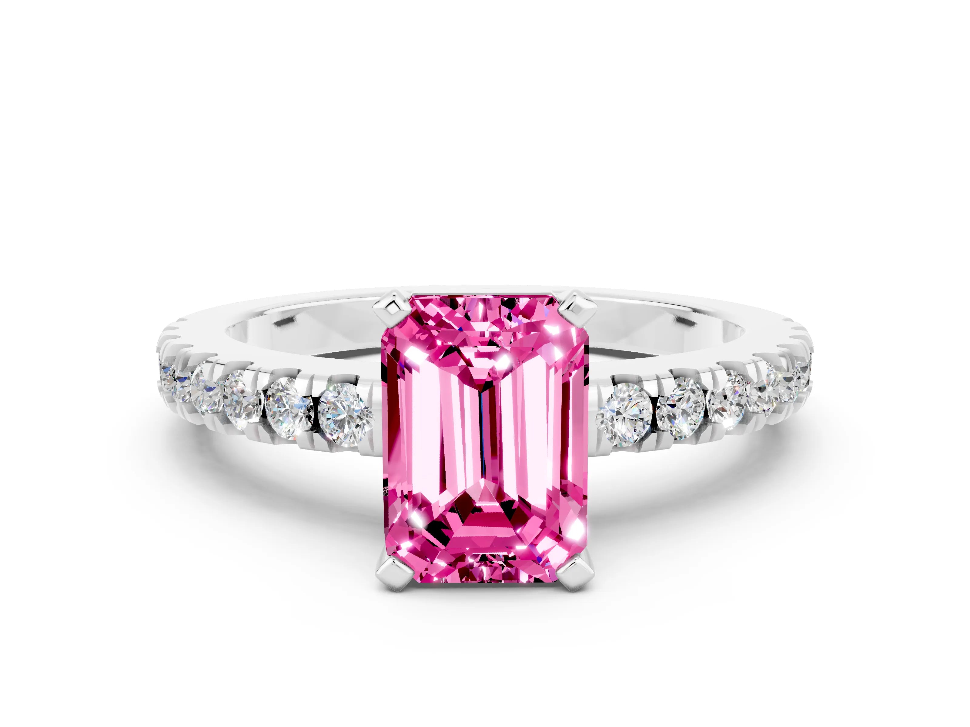 White gold Emerald Cut Solitaire Diamond with Pavé Band and Four-Prong Setting