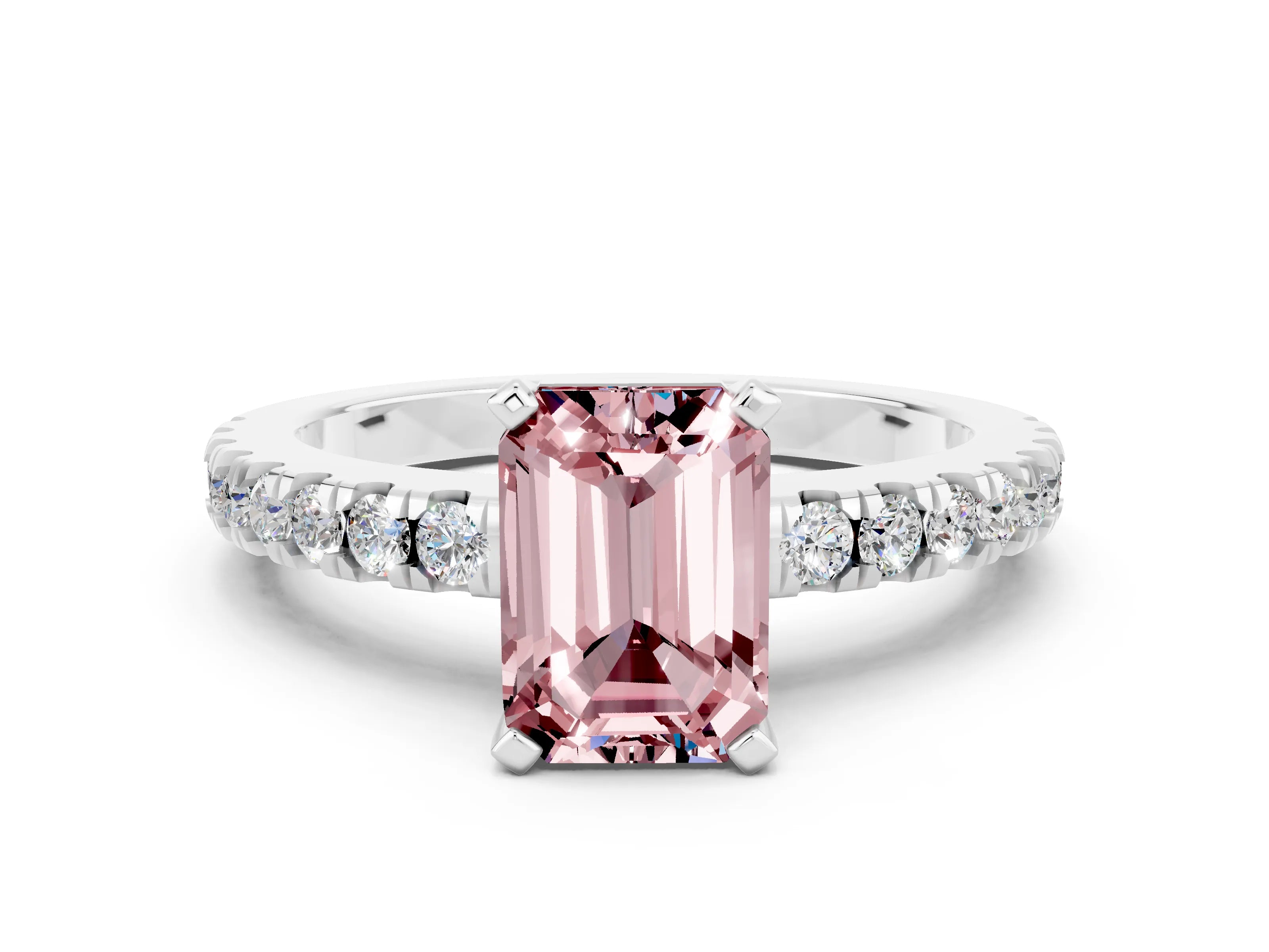 White gold Emerald Cut Solitaire Diamond with Pavé Band and Four-Prong Setting
