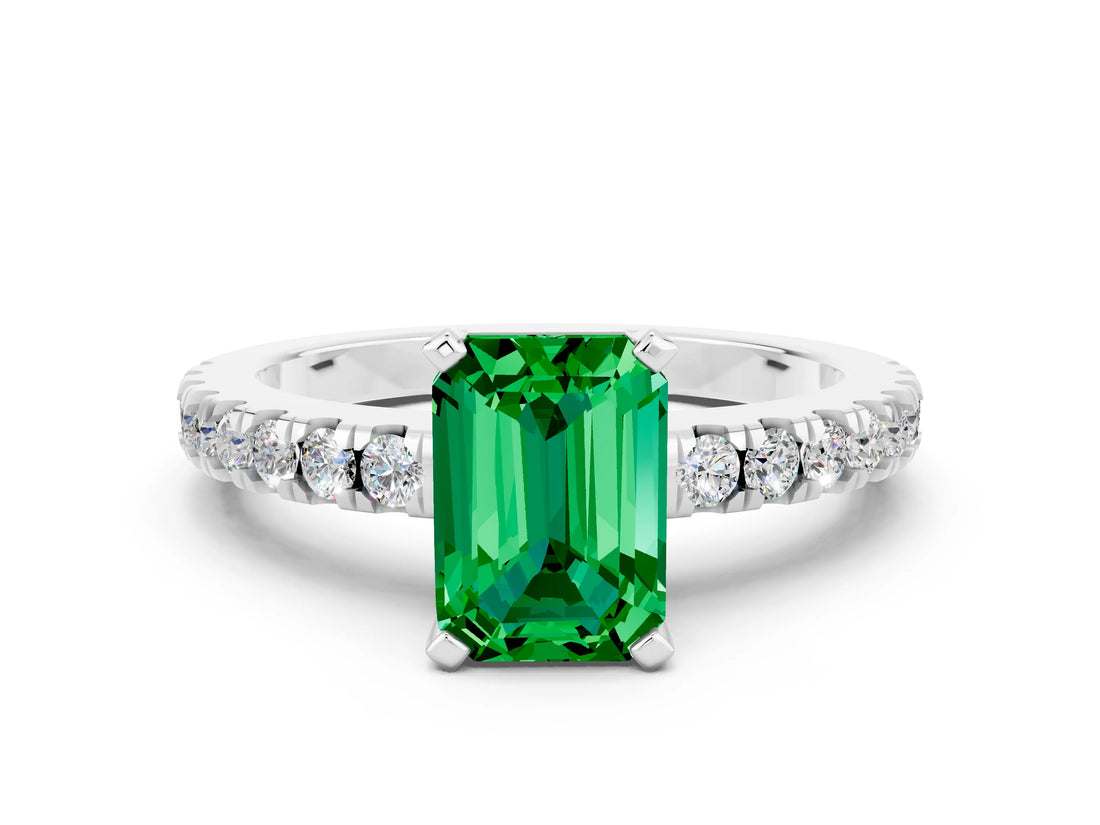 White gold Emerald Cut Solitaire Diamond with Pavé Band and Four-Prong Setting