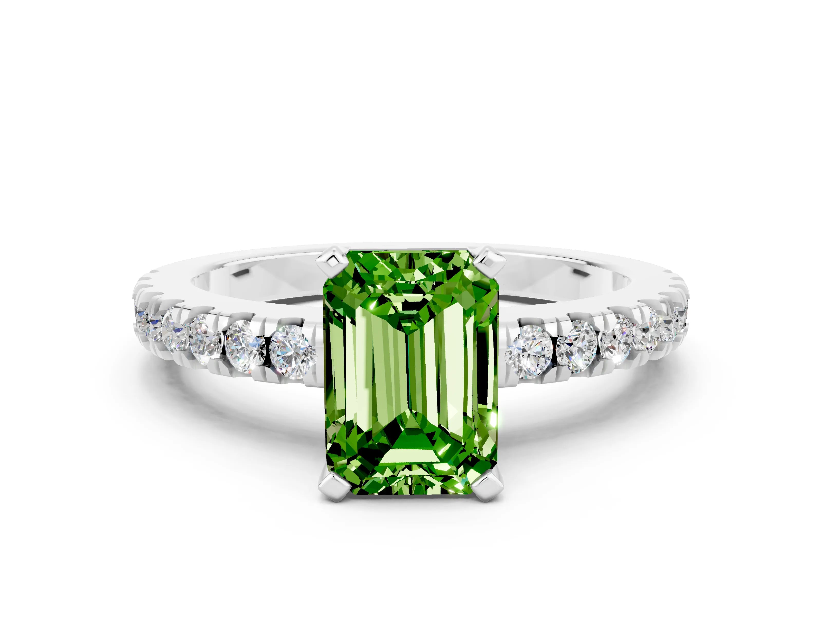 White gold Emerald Cut Solitaire Diamond with Pavé Band and Four-Prong Setting