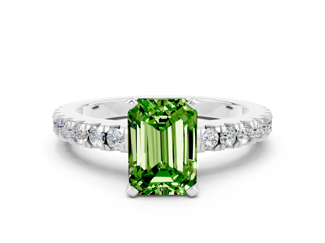 White gold Emerald Cut Solitaire Diamond with Pavé Band and Four-Prong Setting