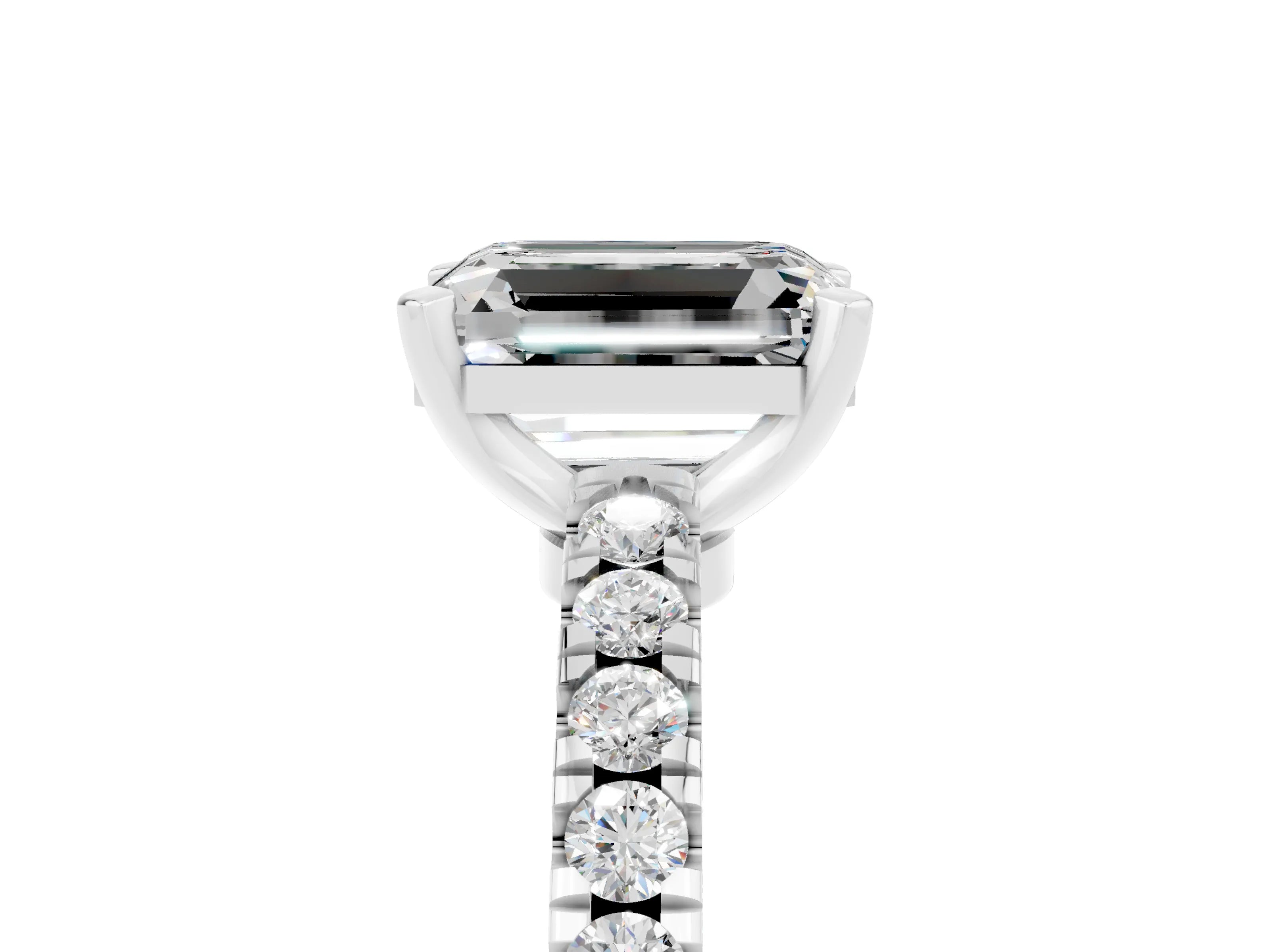 White gold Emerald Cut Solitaire Diamond with Pavé Band and Four-Prong Setting_5