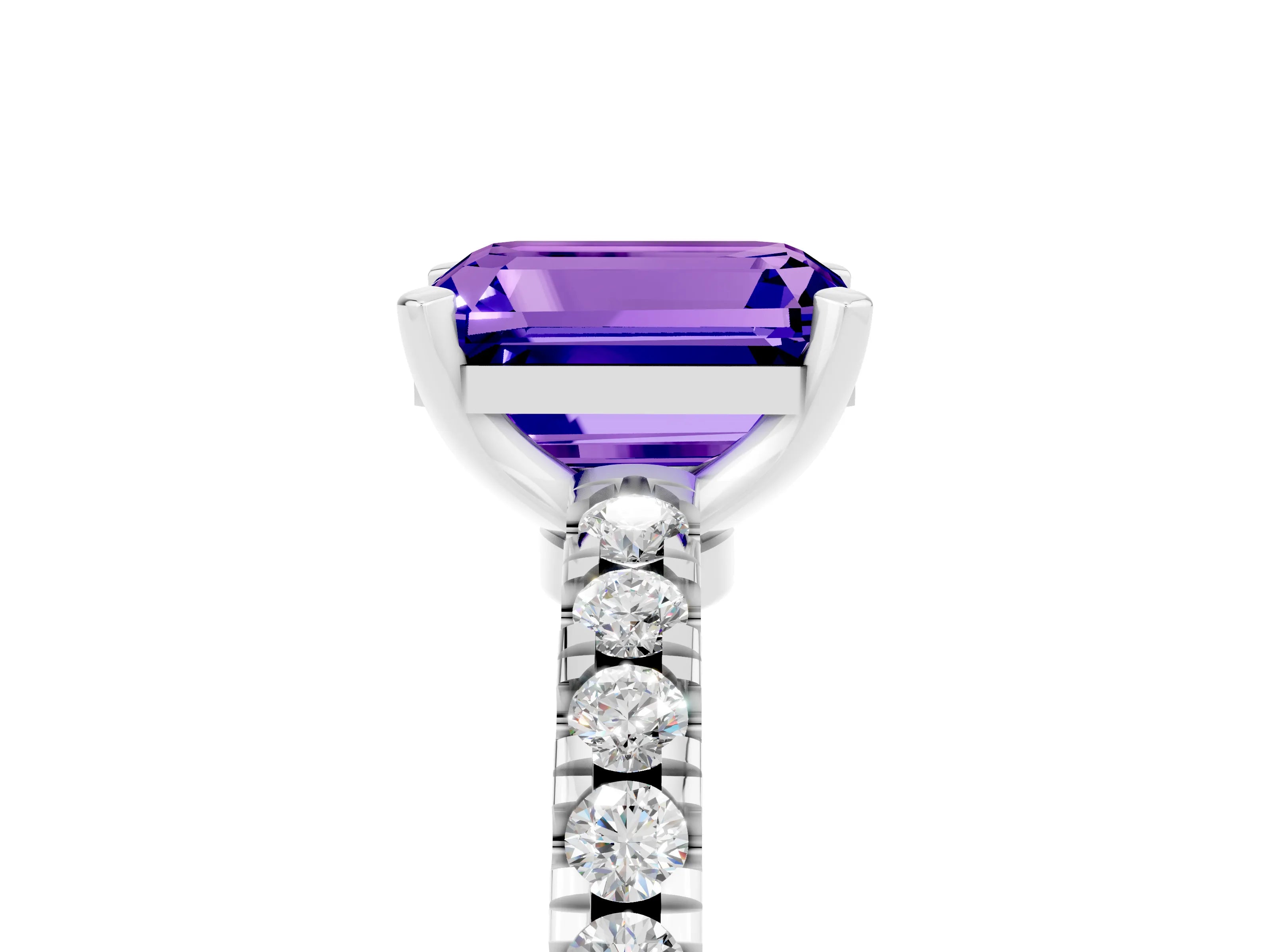 White gold Emerald Cut Solitaire Diamond with Pavé Band and Four-Prong Setting_5