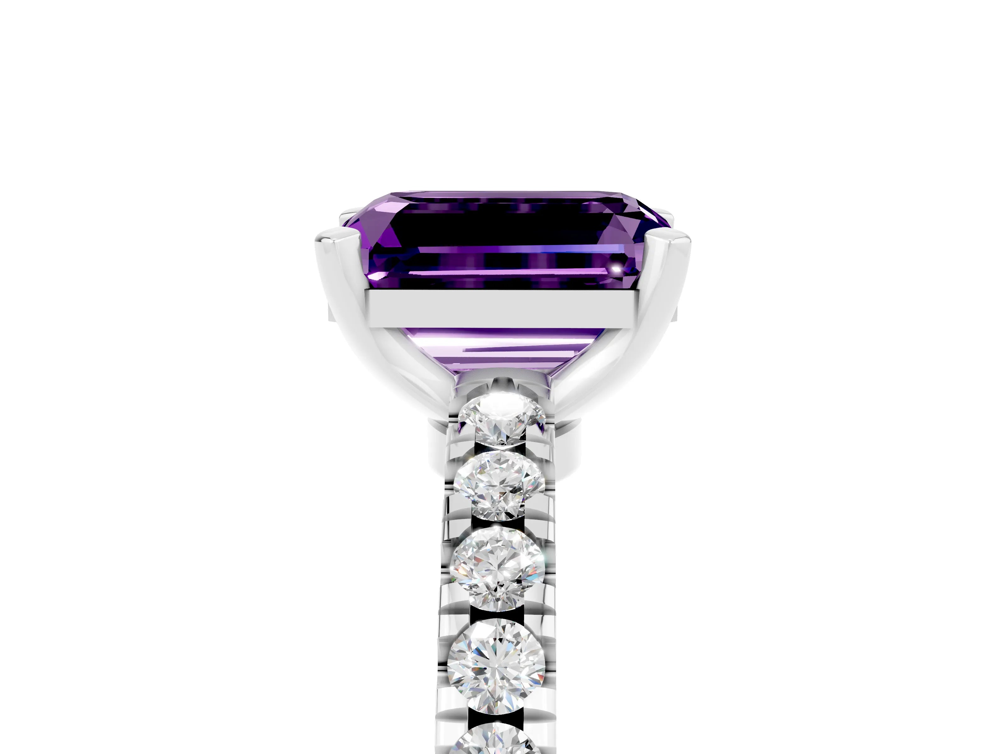 White gold Emerald Cut Solitaire Diamond with Pavé Band and Four-Prong Setting_5