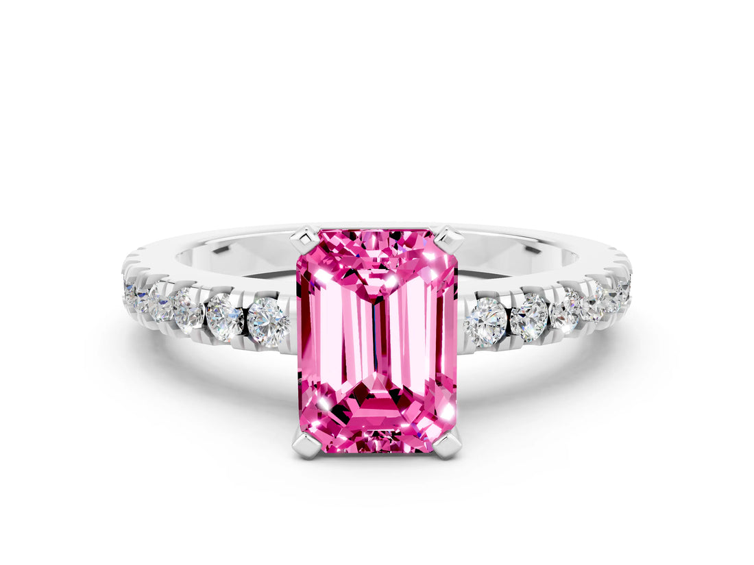 White gold Emerald Cut Solitaire Diamond with Pavé Band and Four-Prong Setting