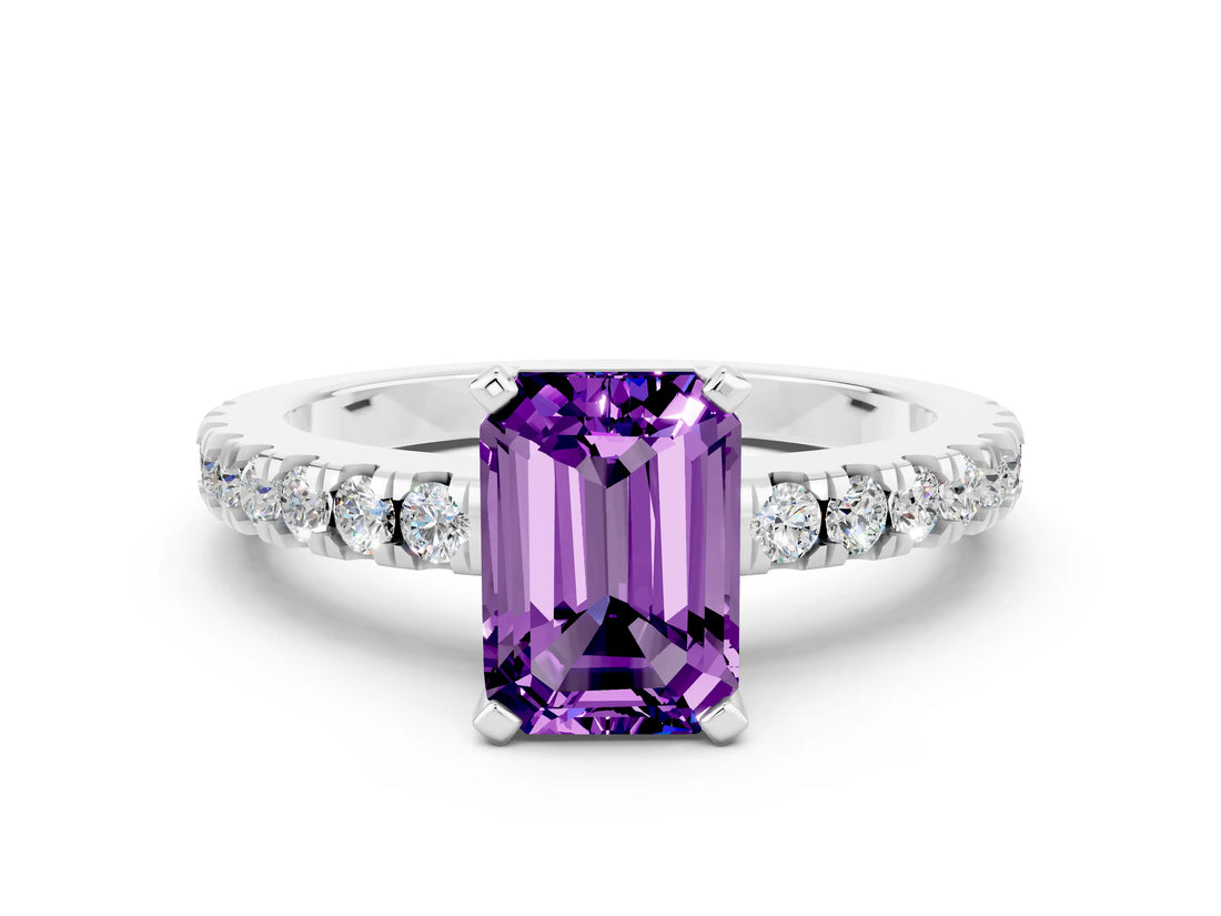 White gold Emerald Cut Solitaire Diamond with Pavé Band and Four-Prong Setting