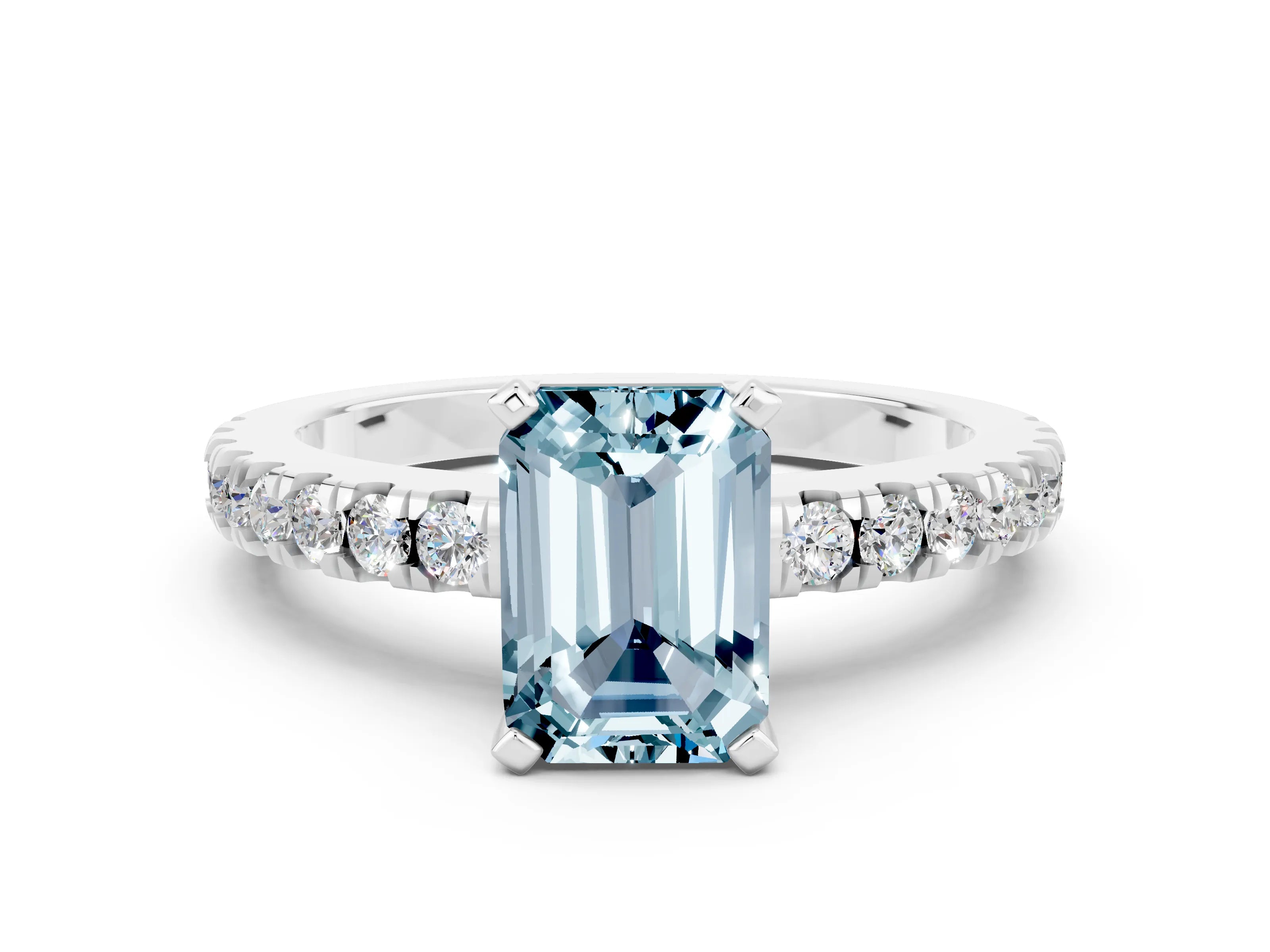 White gold Emerald Cut Solitaire Diamond with Pavé Band and Four-Prong Setting
